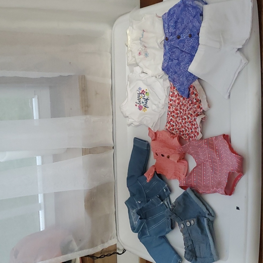 4 American Girl Summer Outfits.  White shorts are NOT AG.  Bathingsuit, Jeans